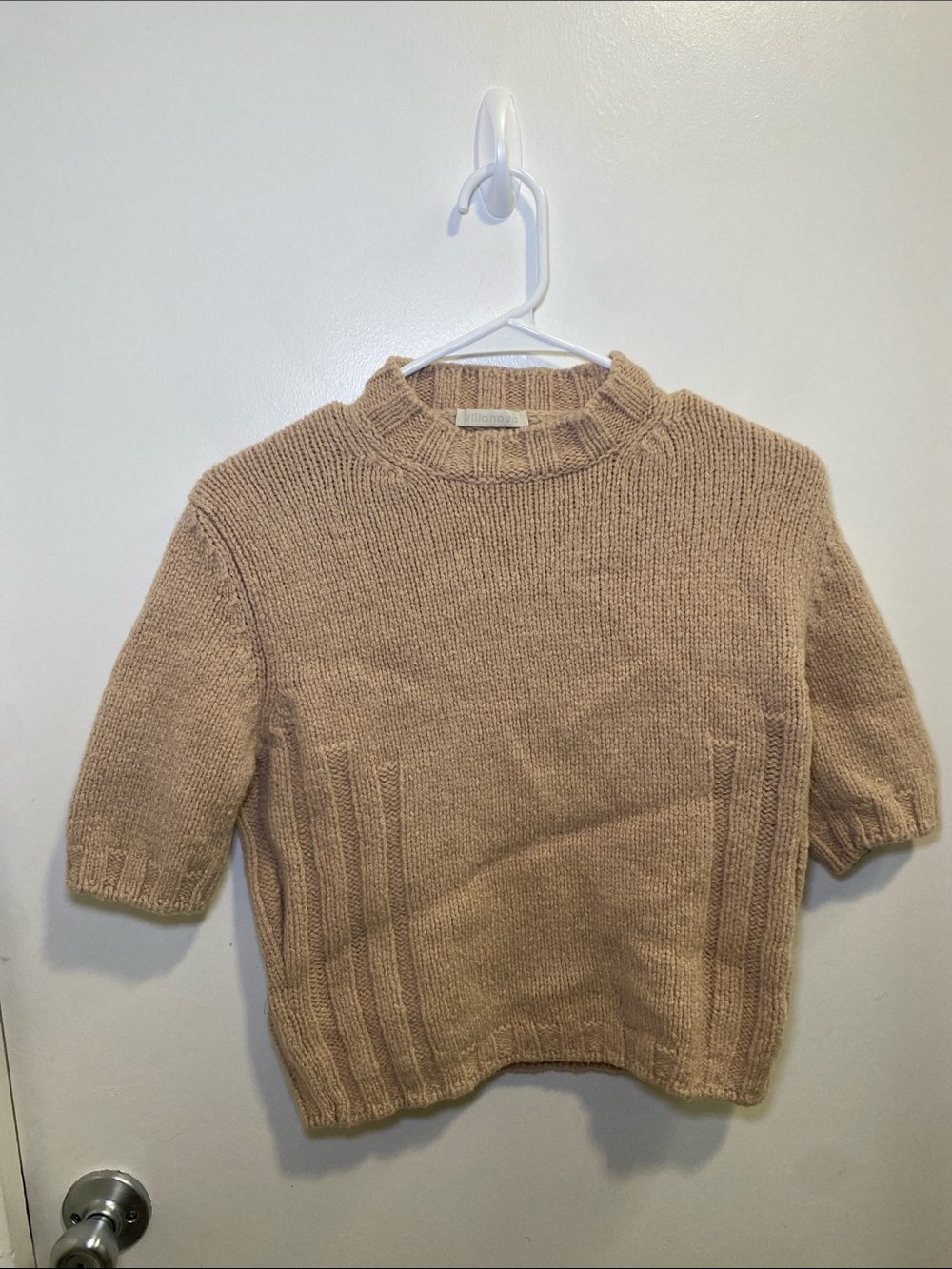 Short-Sleeve Crewneck Sweater in Light Beige